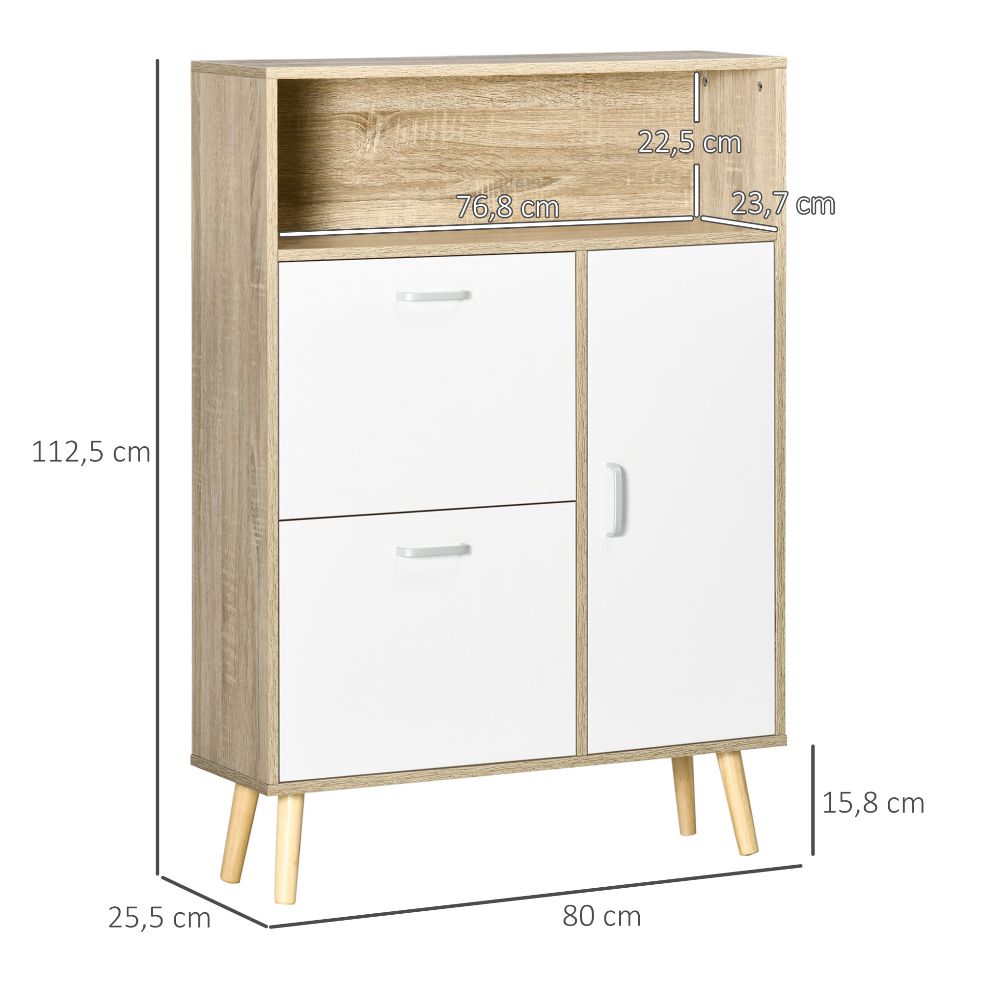 Meuble à chaussures design scandinave placard 3 portes 3 étagères niche piètement effilé incliné bois panneaux aspect chêne clair