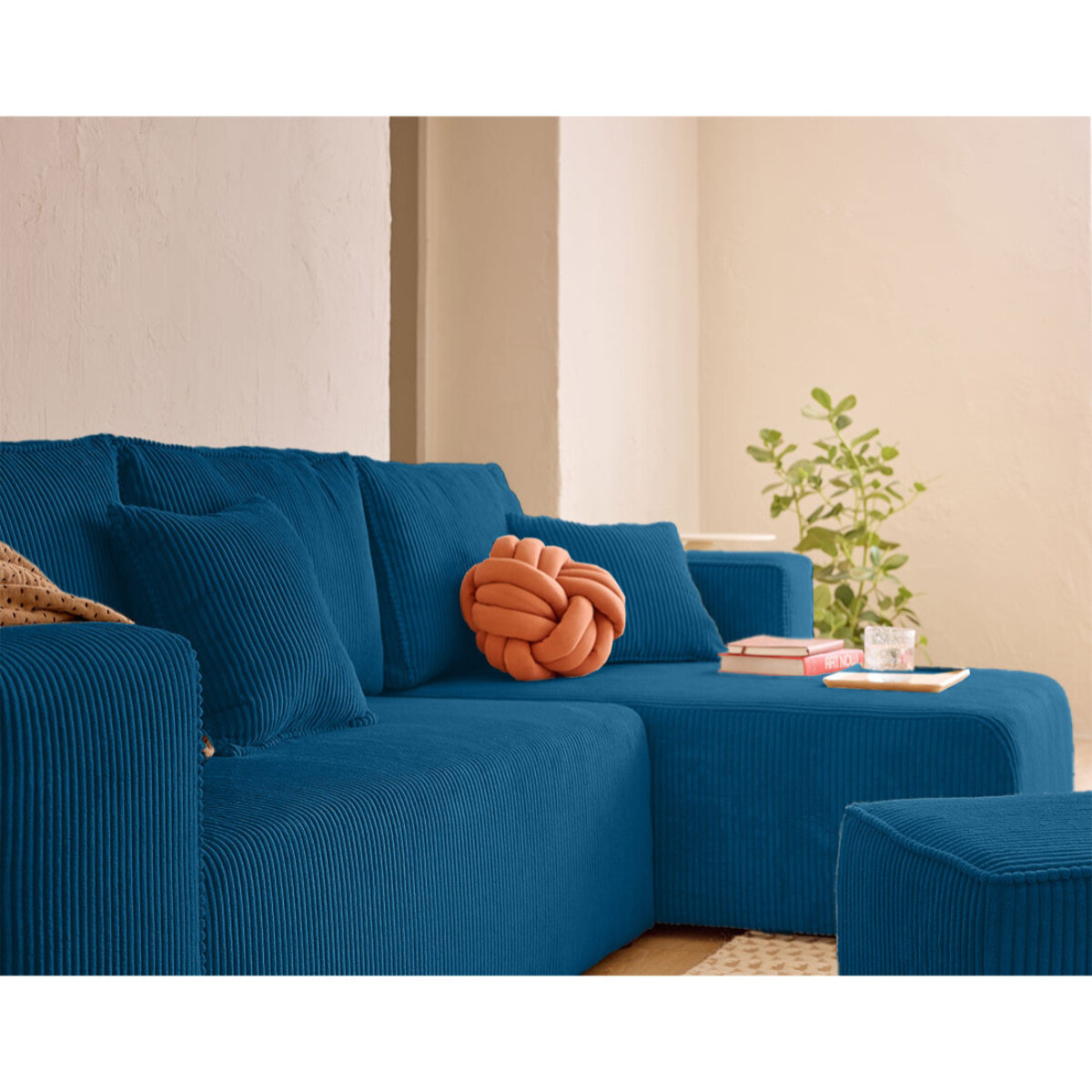 Topaze - canapé d'angle réversible 4 places - convertible avec coffre, tablette et poufs - en velours côtelé - Bleu