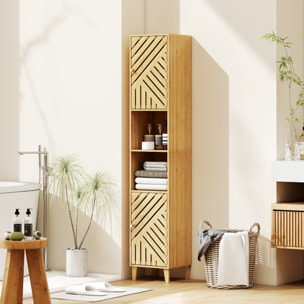 Armario de Baño Alto Columna de Baño Estrecha 32x30x170 cm con Puertas y Patas de Bambú Estantes Ajustables Compartimento Abierto Natural