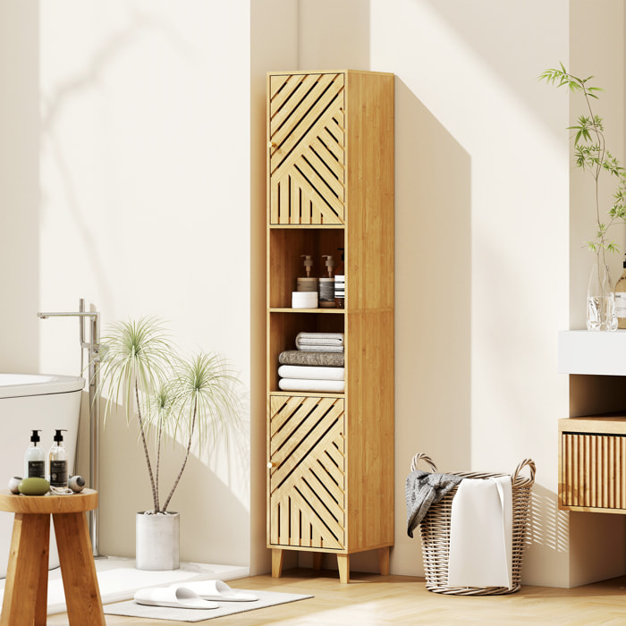 Armario de Baño Alto Columna de Baño Estrecha 32x30x170 cm con Puertas y Patas de Bambú Estantes Ajustables Compartimento Abierto Natural