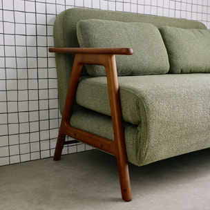 Banquette canapé convertible 2 places bois d'hévéa teinté noyer clair et bouclette texturée SVEN