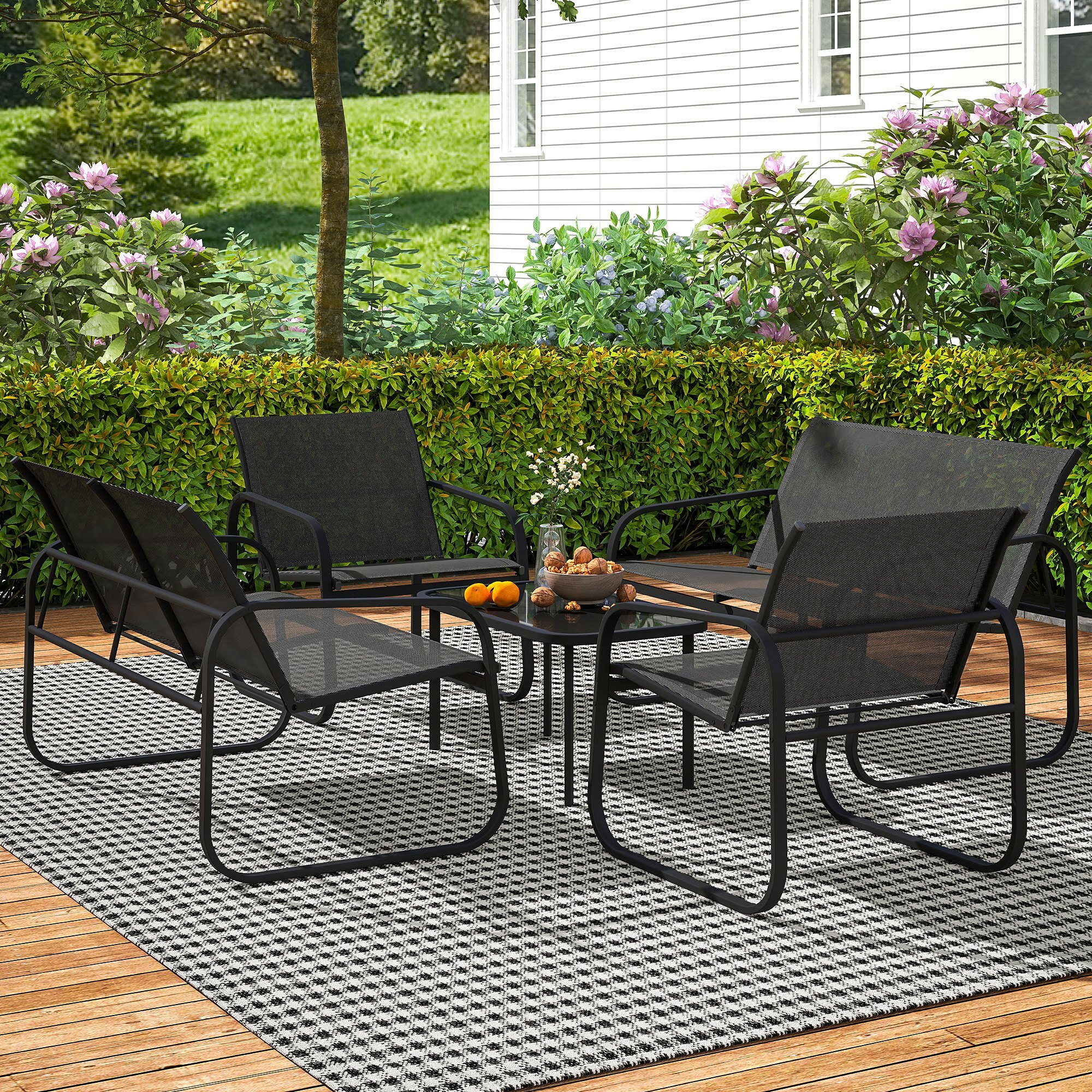 Ensemble salon de jardin relax 6 personnes 5 pièces plateau verre trempé acier textilène noir