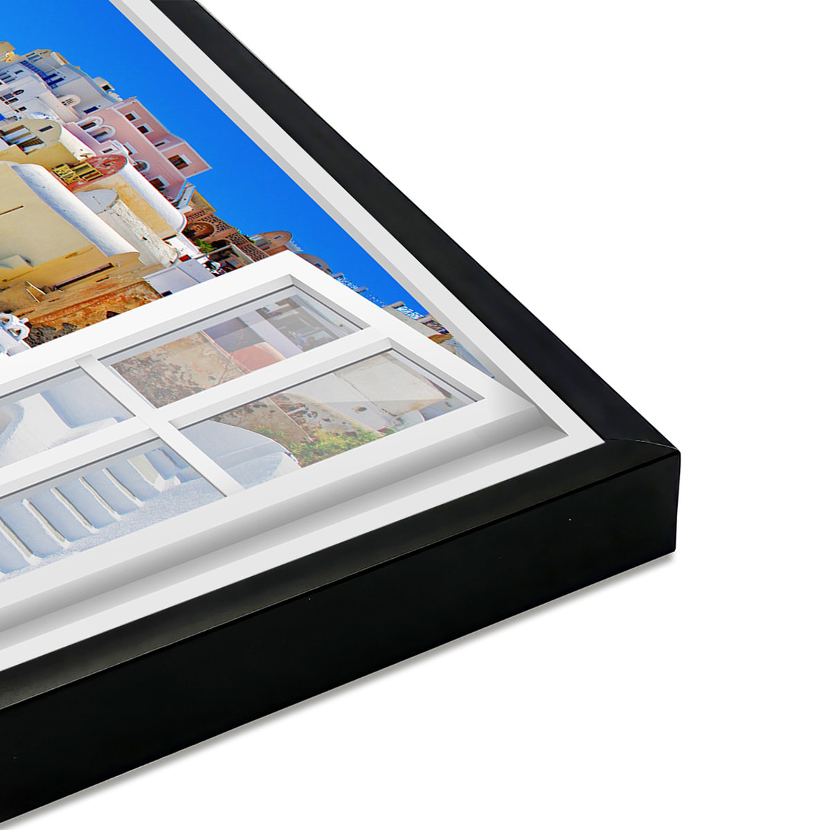 Affiche encadrée fenêtre village Santorin Affiche + cadre en métal - Noir