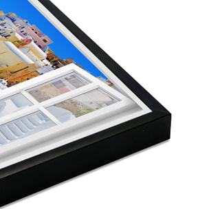 Affiche encadrée fenêtre village Santorin Affiche + cadre en métal - Noir