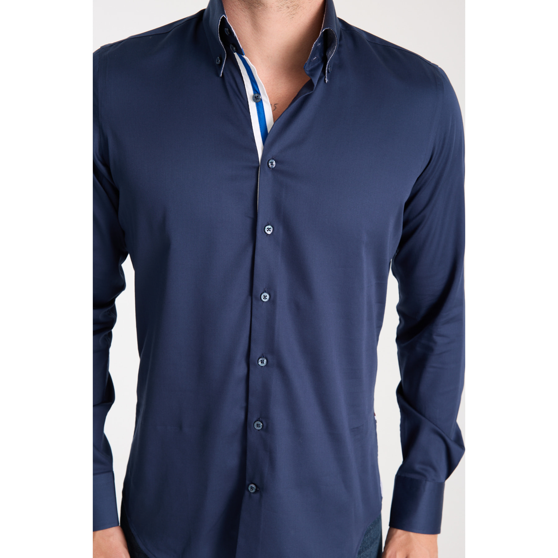 Camicia Uomo 2 Bottoni Button Down Slim Satin Unito Blu