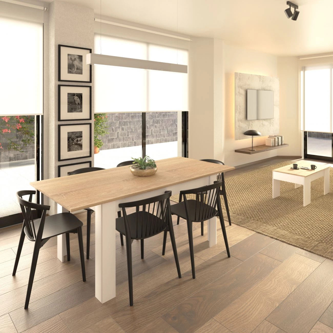 Pack mesa de comedor 140 y mesa de centro Vita Blanco Artik (Blanco Mate) - Roble Canadian