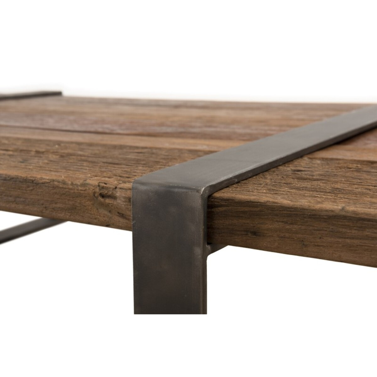 MATHIS - Table basse multi-planches marron bois massif cerclée métal gris anthracite