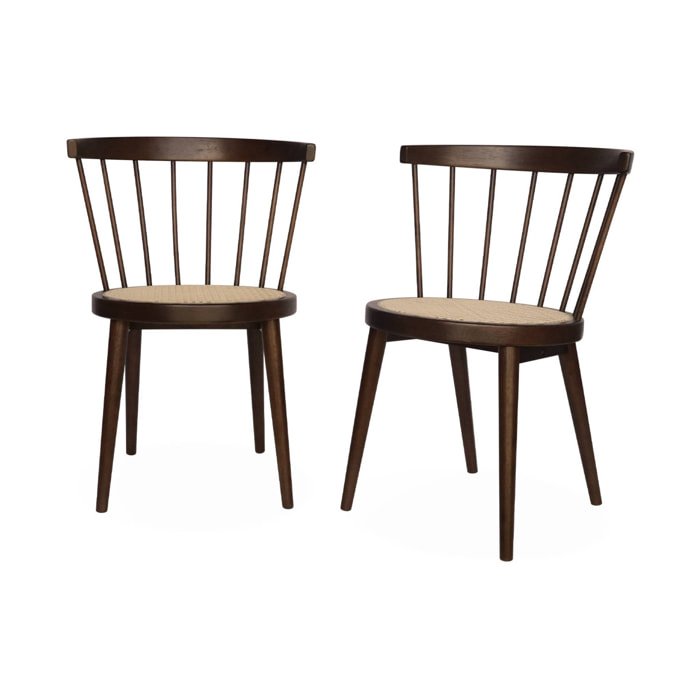 Lot de 2 chaises noyer en bois et cannage. Nora. L 54 x P 54 x H 76.5cm.