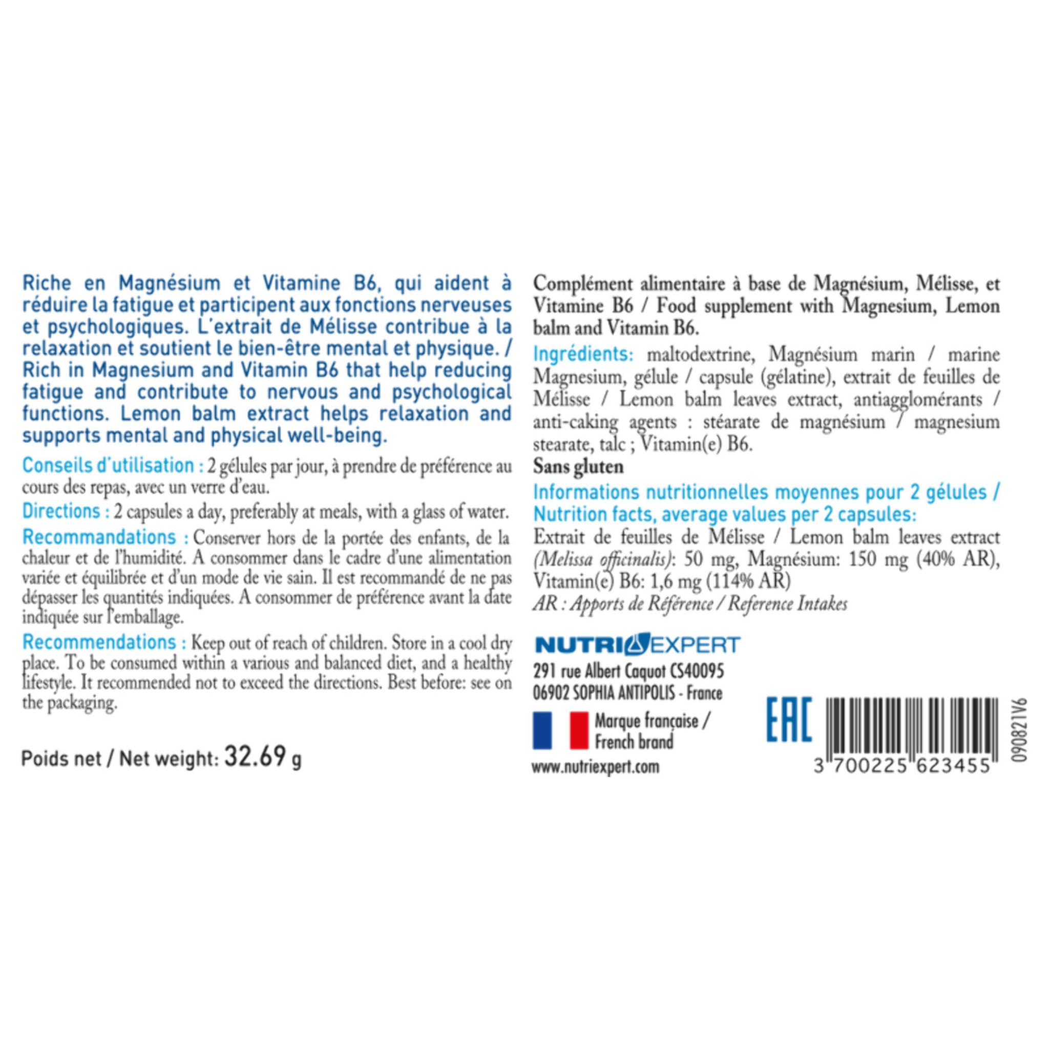 NUTRI EXPERT - Magnésium Marin B6+ - Complément Alimentaire à Base de Magnésium + Vitamine B6 + Mélisse - Favorise l'Équilibre du Système Nerveux et le Bien-Être - Réduit la Fatigue - 60 Gélules