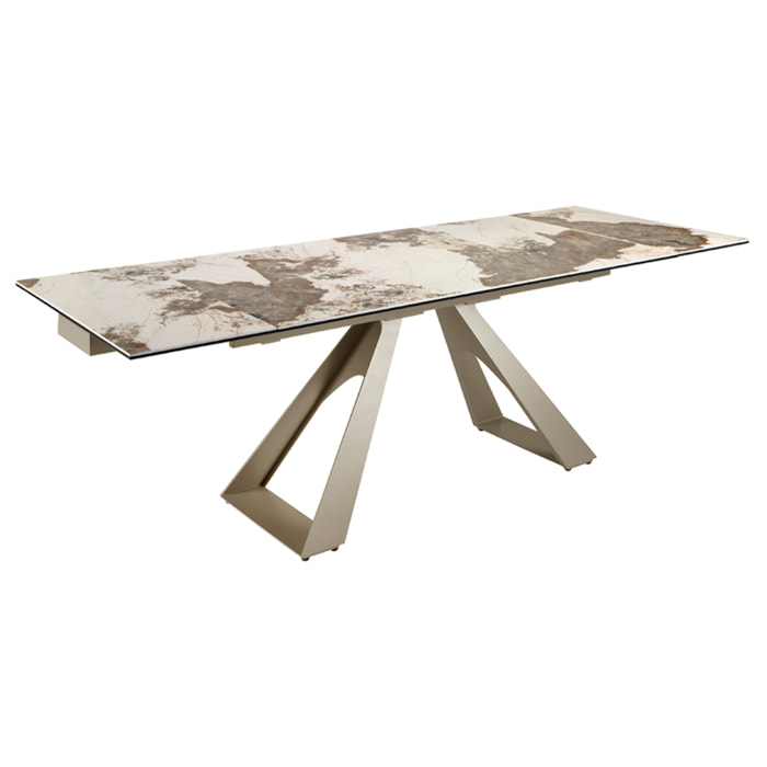 Mesa comedor extensible rectangular con tapa de mármol porcelánico blanco con vetas en tonos tierra en brillo 160x90x76cm