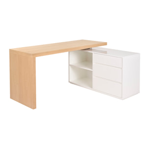 Bureau modulable design blanc brillant et bois clair frêne L160-235 cm NEW MAX