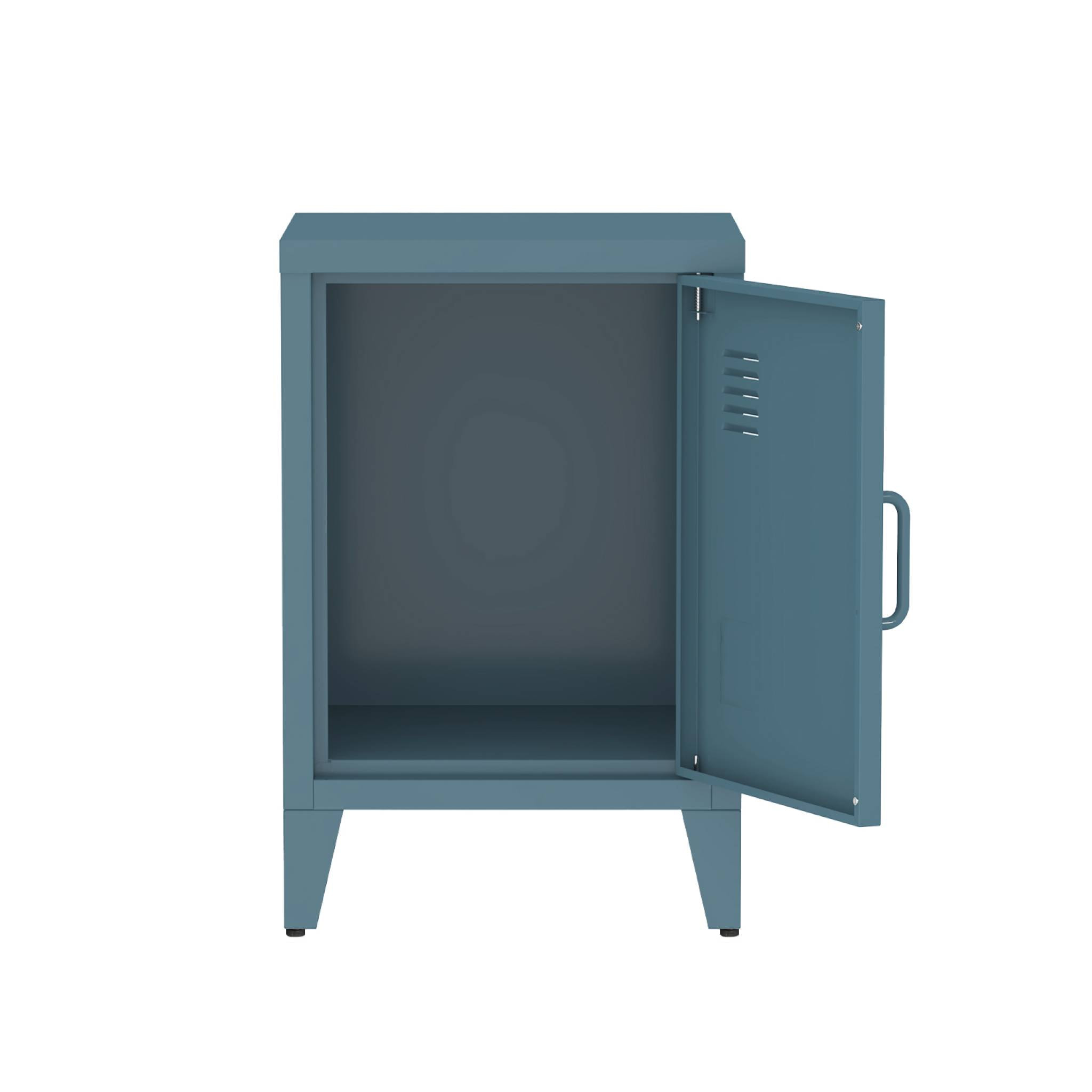 Table de chevet en acier bleu. 1 porte. casier