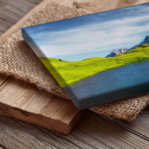 Tableau panoramique lac alpin turquoise et sommets enneigés été Toile imprimée