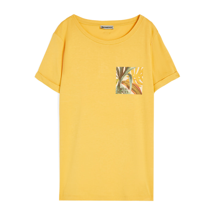 T-shirt donna in jersey modal con grafica tropical laterale