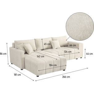 Canapé d'angle convertible tissu chenille 3 places - "Trocadero" - Crème