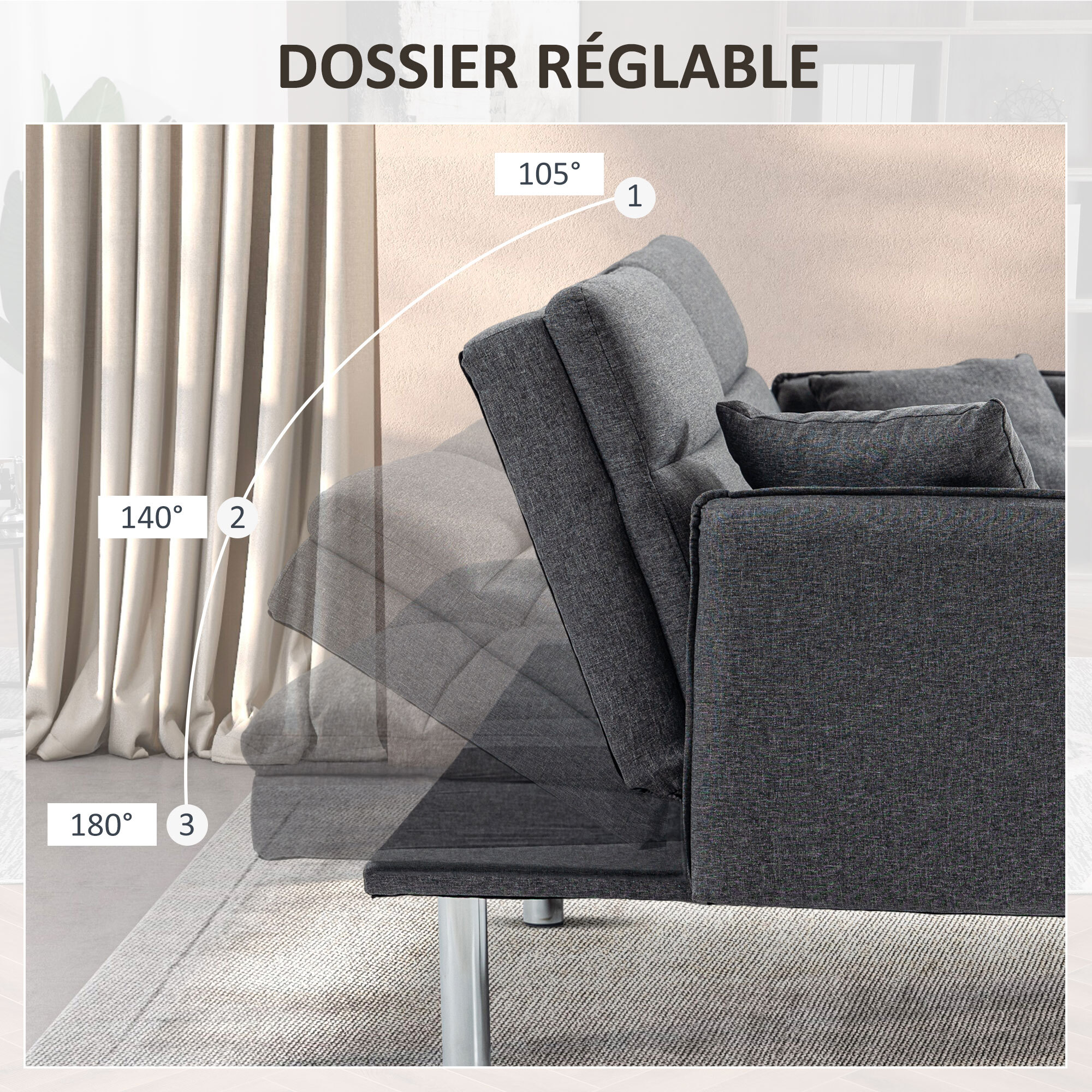 Canapé convertible 3 places design contemporain dossier inclinable piètement acier chromé tissu gris