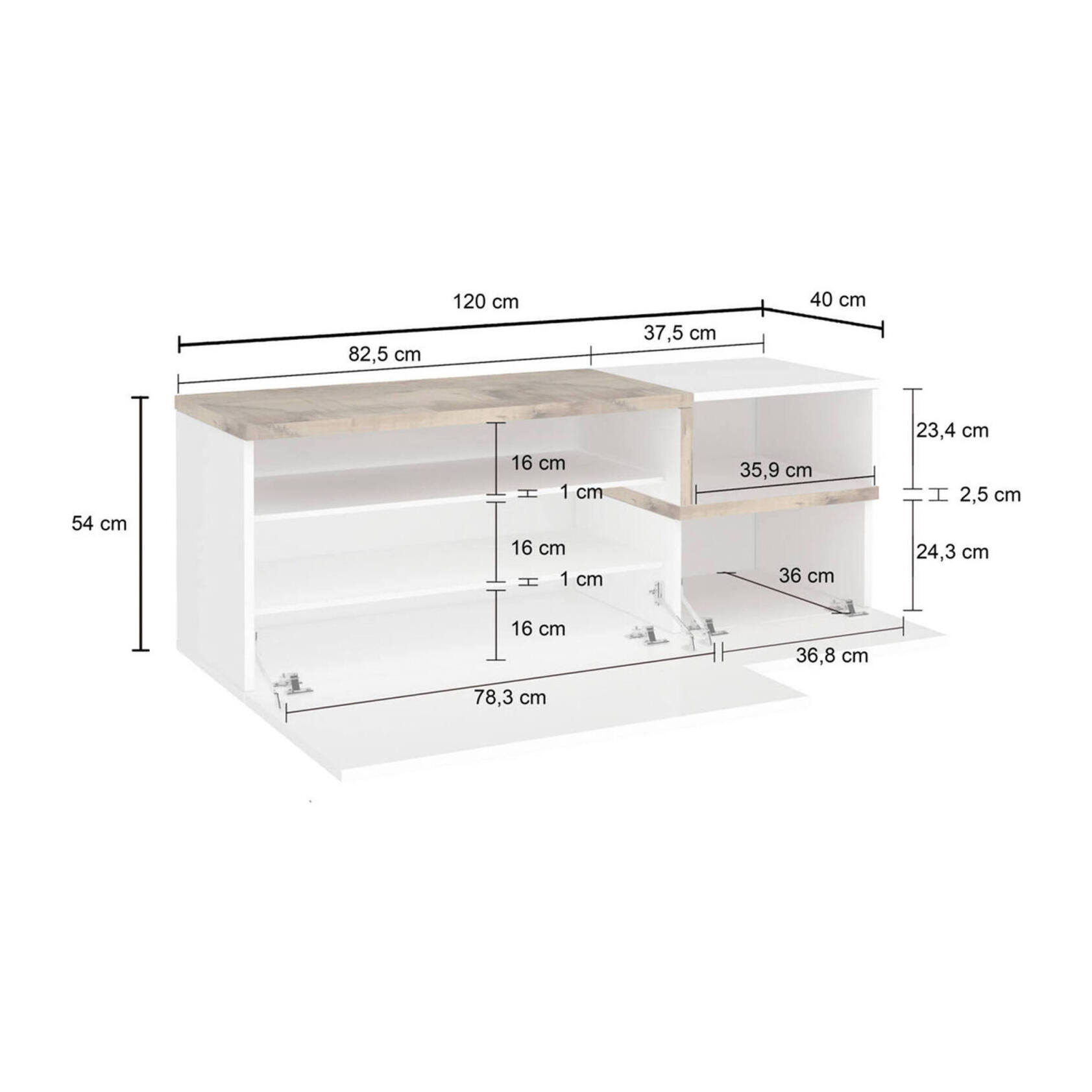 Mobile da ingresso, Made in Italy, Modulo componibile, Panca a 2 ante, cm 120x40h54, colore Bianco lucido e Acero