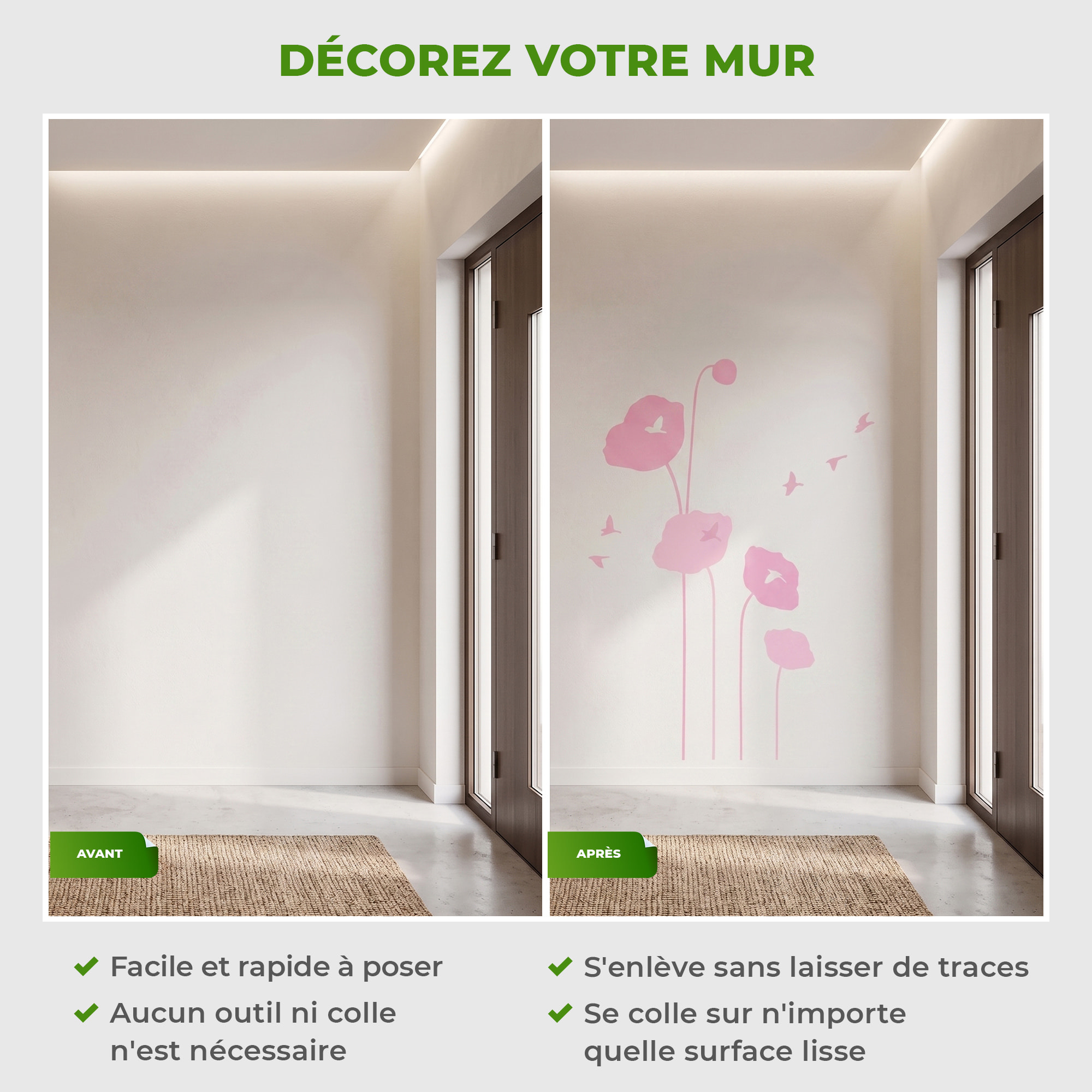 Stickers Muraux décoration adhésifs fleurs tulipes roses et oiseaux