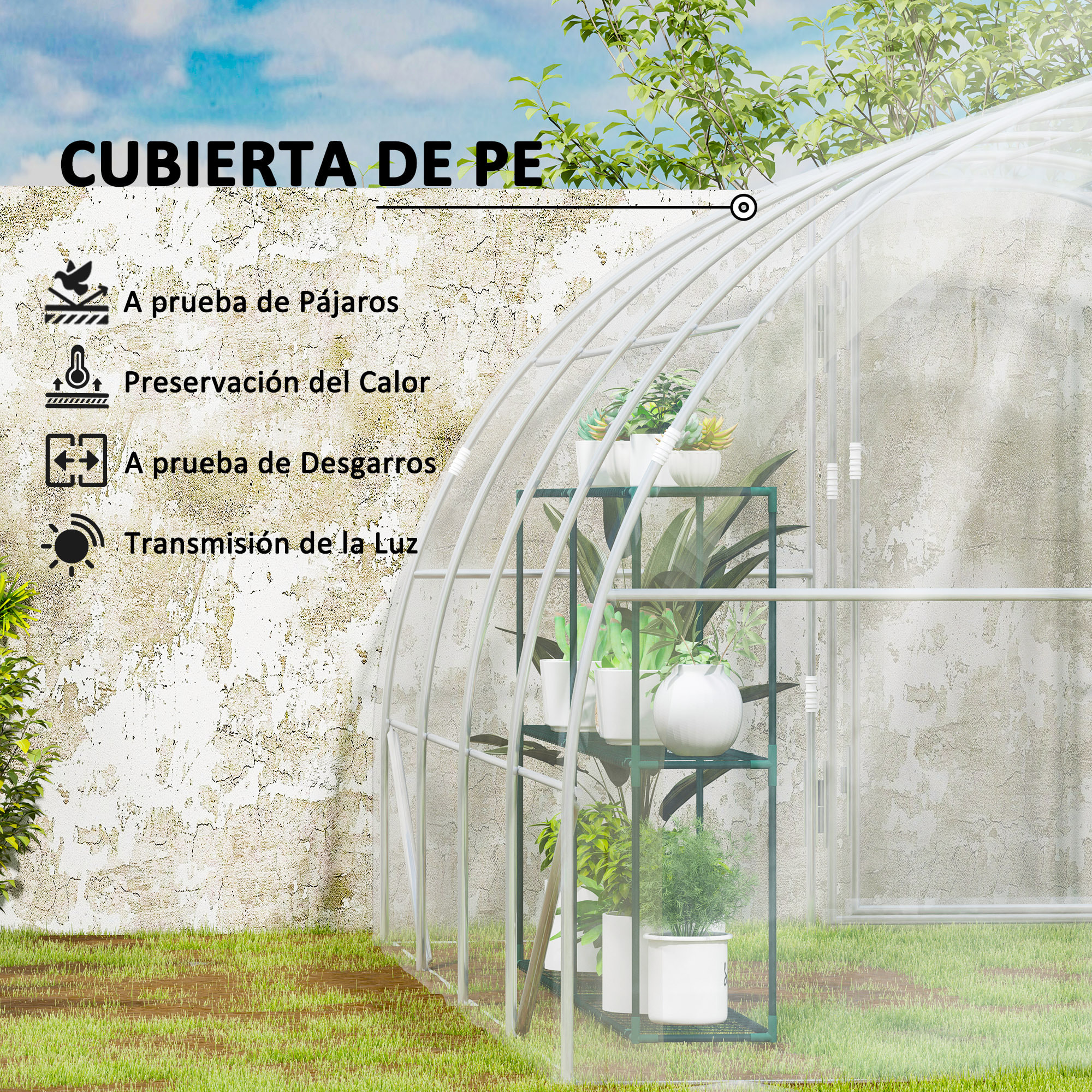 Invernadero de Túnel 4x3x2 m Invernadero de Jardín con 2 Puertas Cubierta PE 150g/m² Estructura de Acero Galvanizado y Techo Redondeado para Cultivos Plantas Flores Transparente