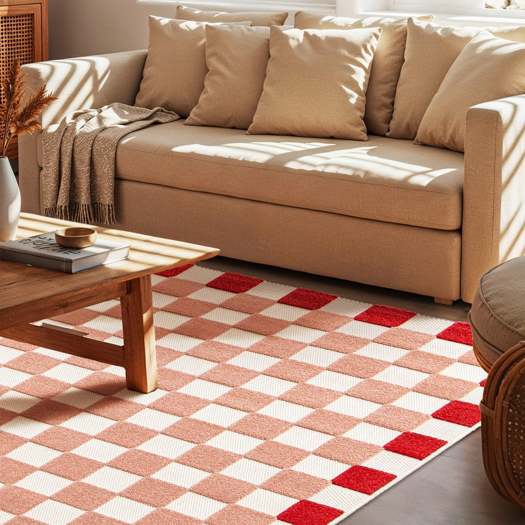 Tapis intérieur/extérieur damier rose et rouge  MONA