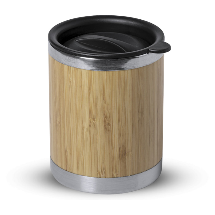 Lubon bicchiere termico Nature da 300ml. Corpo in bambù e acciaio inox a doppia parete per una migliore conservazione della temperatura fredda/calda. Con tappo dosatore.