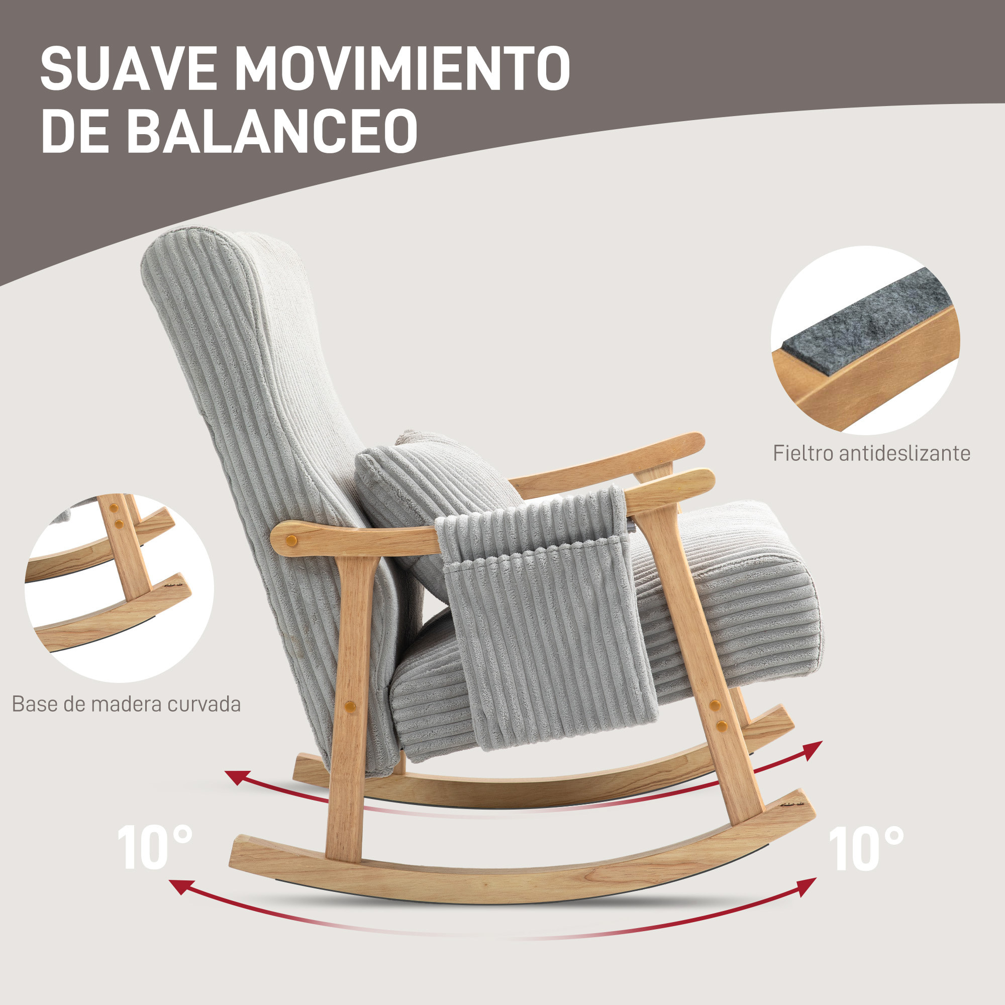 Mecedora Moderna Silla Mecedora de Pana con Patas y Reposabrazos de Madera de Haya Cojín Lumbar y Bolsillo Mecedora para Lactancia Carga 120 kg para Dormitorio Salón Gris