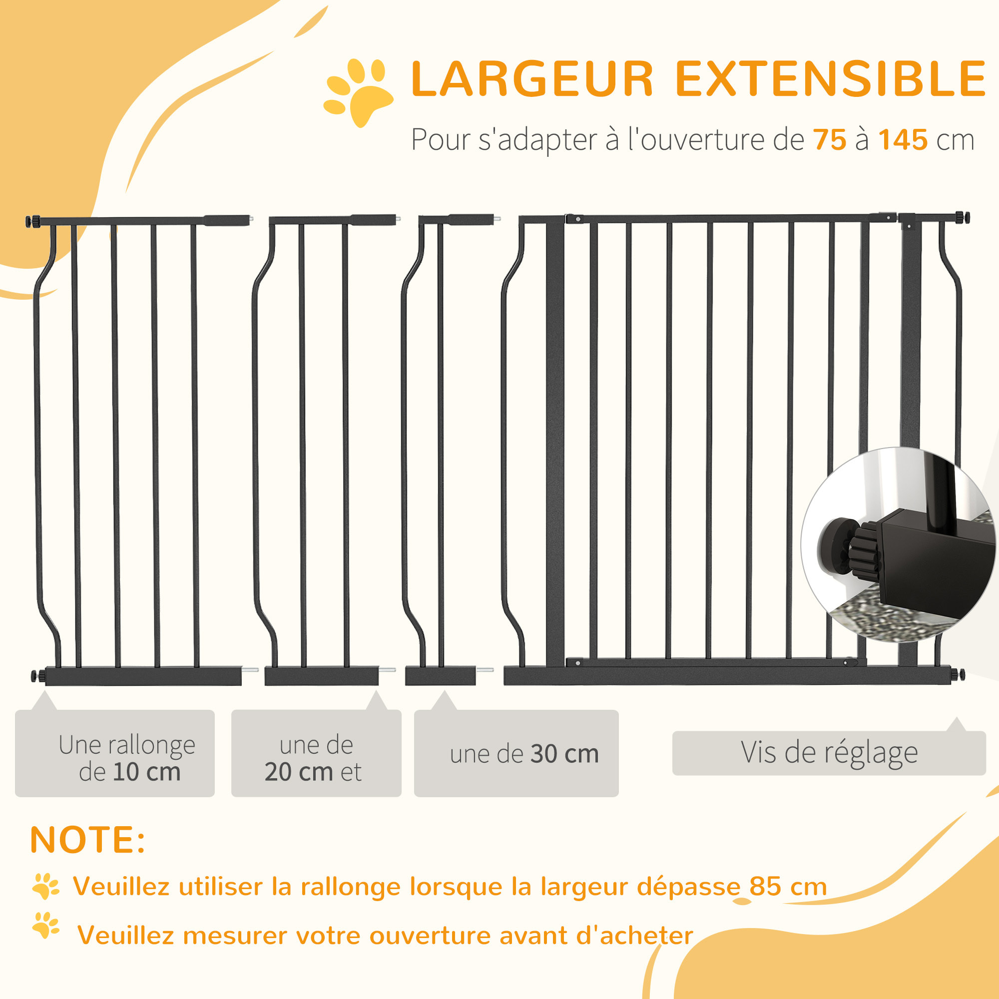 Barrière de sécurité animaux - longueur réglable dim. 75-145 cm - porte double verrouillage, ouverture double sens -sans perçage - acier ABS noir