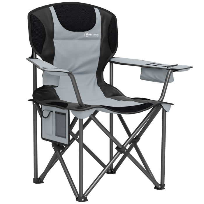 Chaise de camping pliante rembourrée - porte-gobelets, poches latérales rangement, sac isotherme - sac transport inclus - gris noir