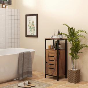 Meuble bas de salle de bain avec porte, armoire de toilette structure en acier, meuble colonne sur pied avec niche ouverte et étagère réglable, 37 x 30 x 85 cm, brun rustique