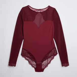 Body intimo a maniche lunghe con schiena scoperta color granato