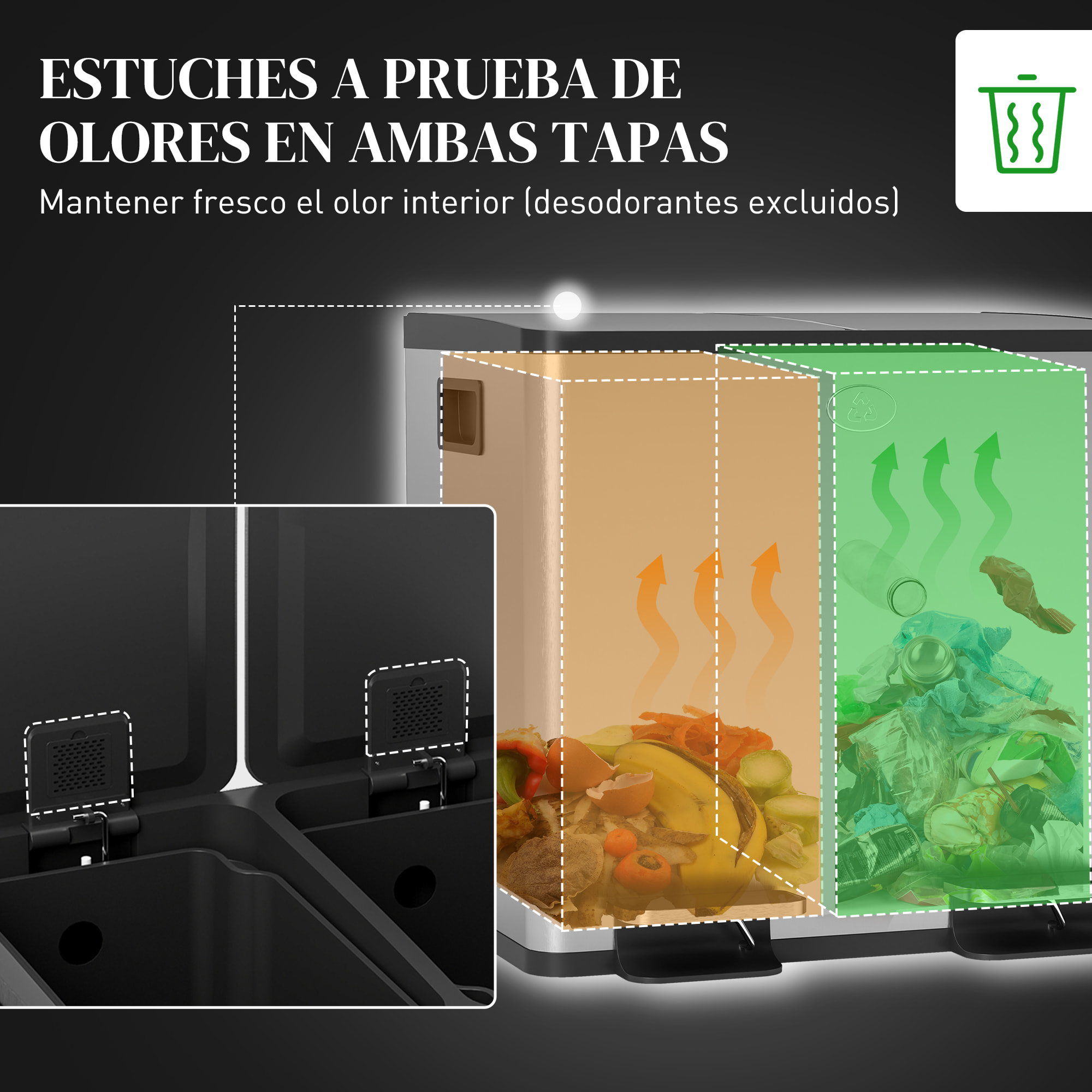Cubo de Basura de Cocina con 2 Compartimentos 2x15L Papelera de Cocina de Acero Inoxidable con Pedales Tapas de Cierre Suave y Cubo Extraíble para Reciclaje Residuos Restos de Comida Plata