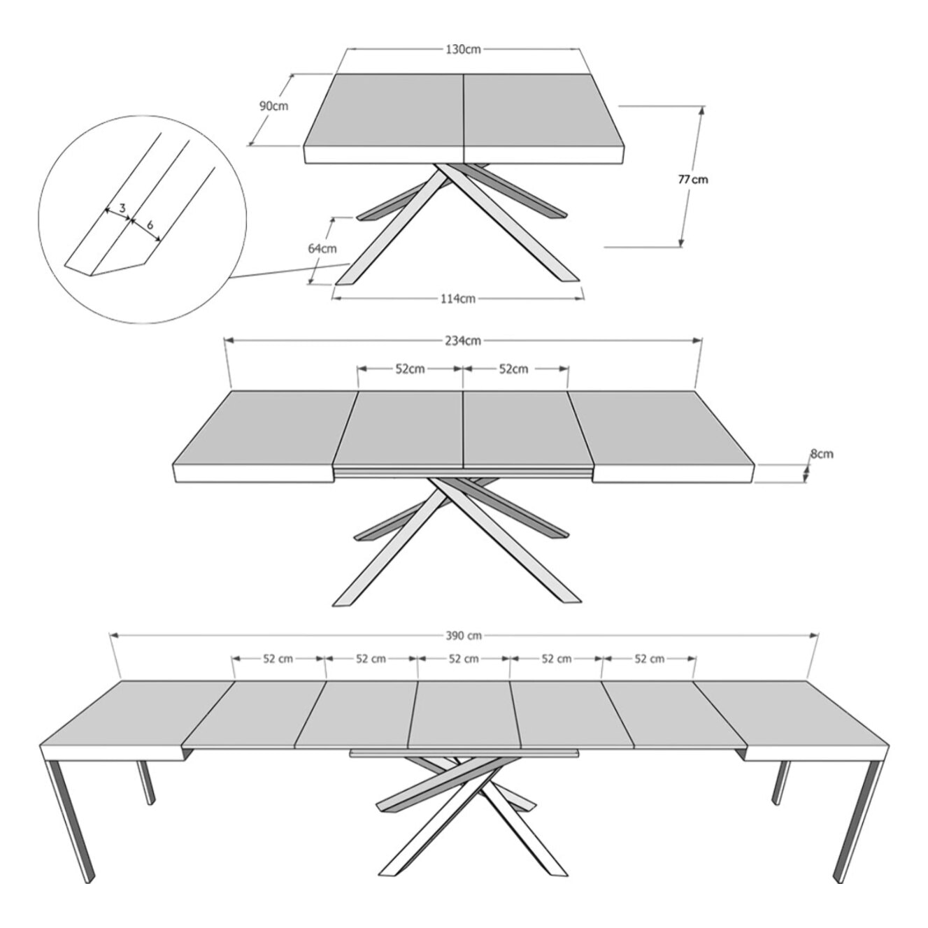 Table extensible 90x130/390 cm Karida chêne nature pieds anthracite