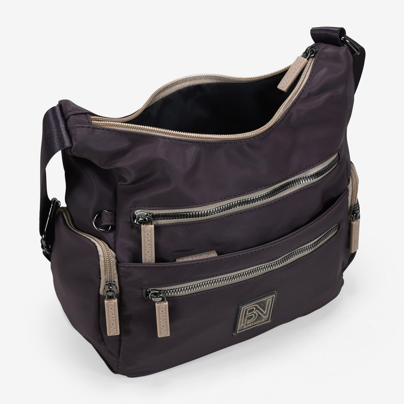 Bolso bandolera burdeos con cremalleras beige