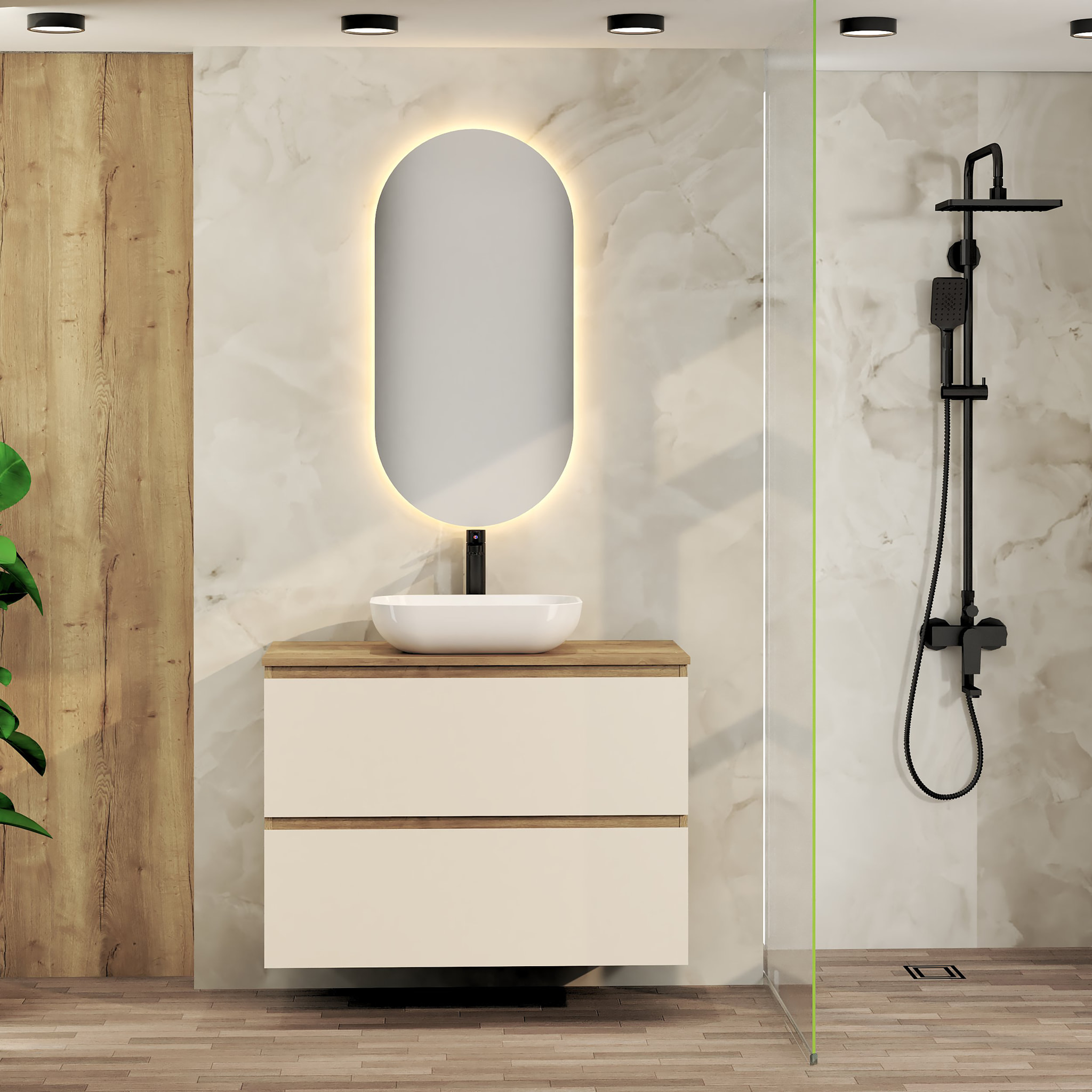ENSEMBLE DE SALLE DE BAIN NIA | MEUBLE SUSPENDU | 80 CM GLACIER | DEUX TIROIRS |LAVABO SUR PLAN | MIROIR NON INCLUS | MEUBLE MONTÉ | ALDAY