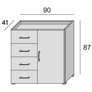 Credenza Violetta, Mobile buffet a 1 anta e 4 cassetti, Madia da soggiorno, Armadietto multiuso con ripiani, 100% Made in Italy, Cm 90x41h87, Bianco e Rovere