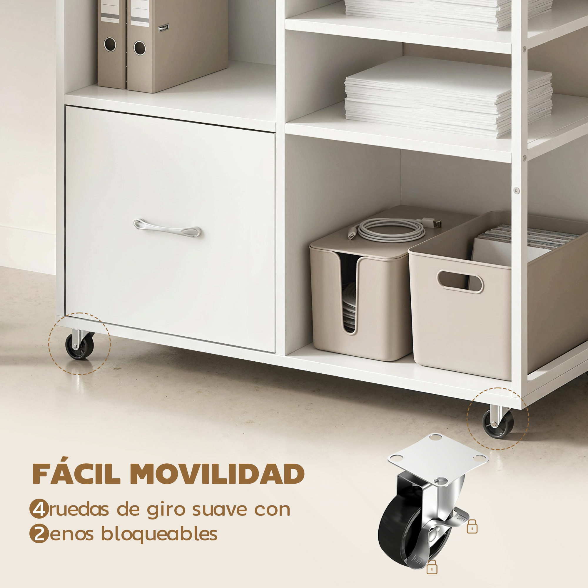 Mueble para Impresora con Ruedas, Mesa para Impresora con Estantes Abiertos y Cajón para Documentos Tamaño A4 y Carta, Archivador Móvil para Oficina en Casa, Blanco