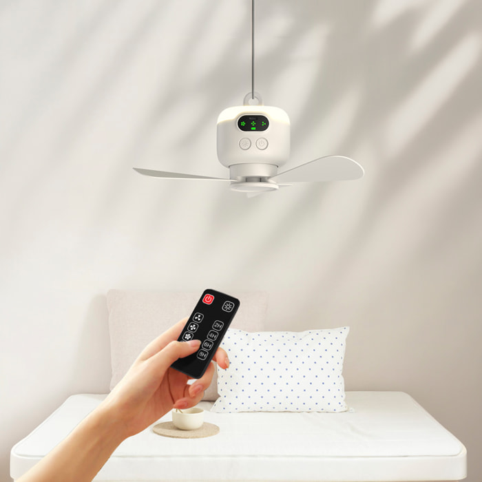 Ventilador de techo inalámbrico con batería de 8000mAh FS-6A de 27cm. Con luz LED integrada, 3 velocidades y temporizador. Incluye mando a distancia.