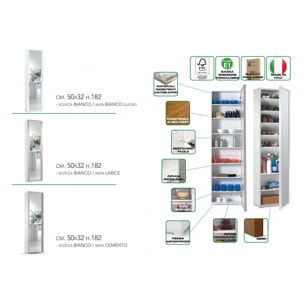 Scarpiera Datura, Mobile multiuso da ingresso con anta a specchio , Armadio moderno portascarpe a 7 ripiani, 100% Made in Italy, Cm 50x32hx182, Bianco