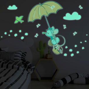 Sticker phosphorescent lumineux - SOURIS EN PARAPLUIE