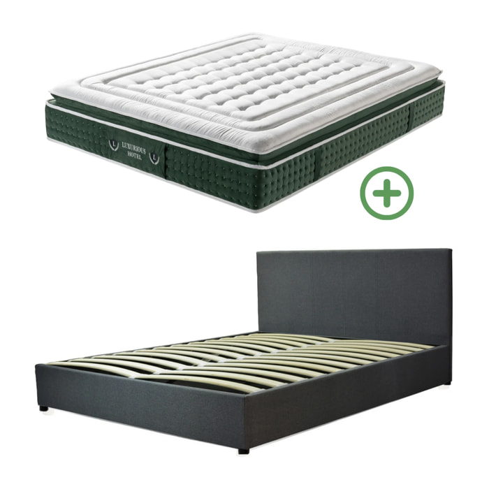 Ensemble matelas Jade & lit coffre Colisée | Mémoire de forme et ressorts ensachés | Grande capacité de stockage | Tissu | Gris foncé