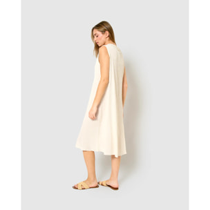 Vestido midi cuello drapeado algodón lino  natural