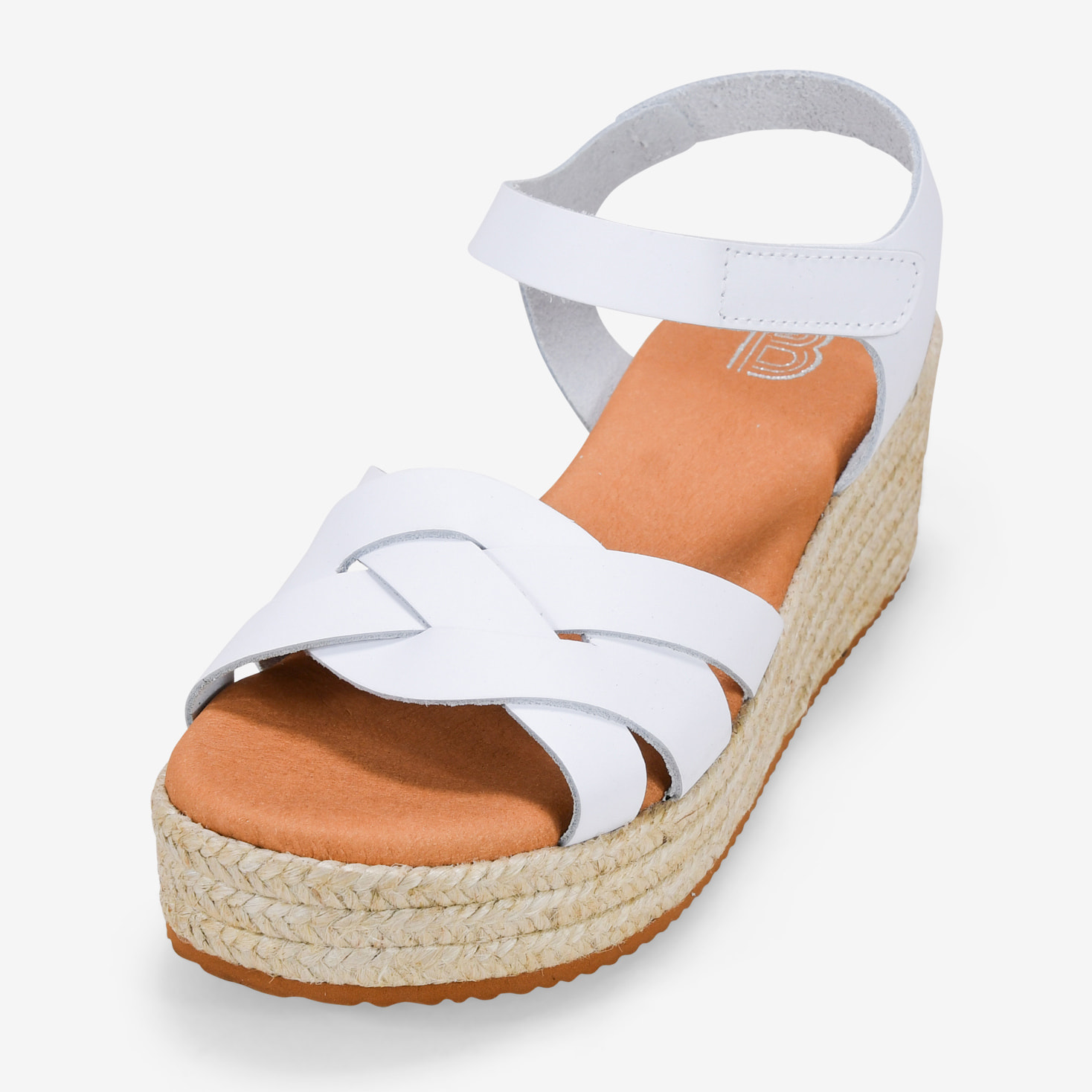 Sandalias con cuña y plataforma blancas en piel con esparto