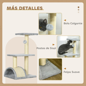 Árbol Rascador para Gatos Mediano, Árbol para Gatos de 3 Niveles con Alfombra Rascadora en Arco, 2 Plataformas, Postes de Sisal y Bola Colgante, Gris Claro