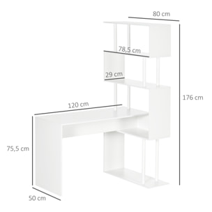 Bureau informatique design contemporain avec bibliothèque zig zag 4 étagères panneaux particules blanc