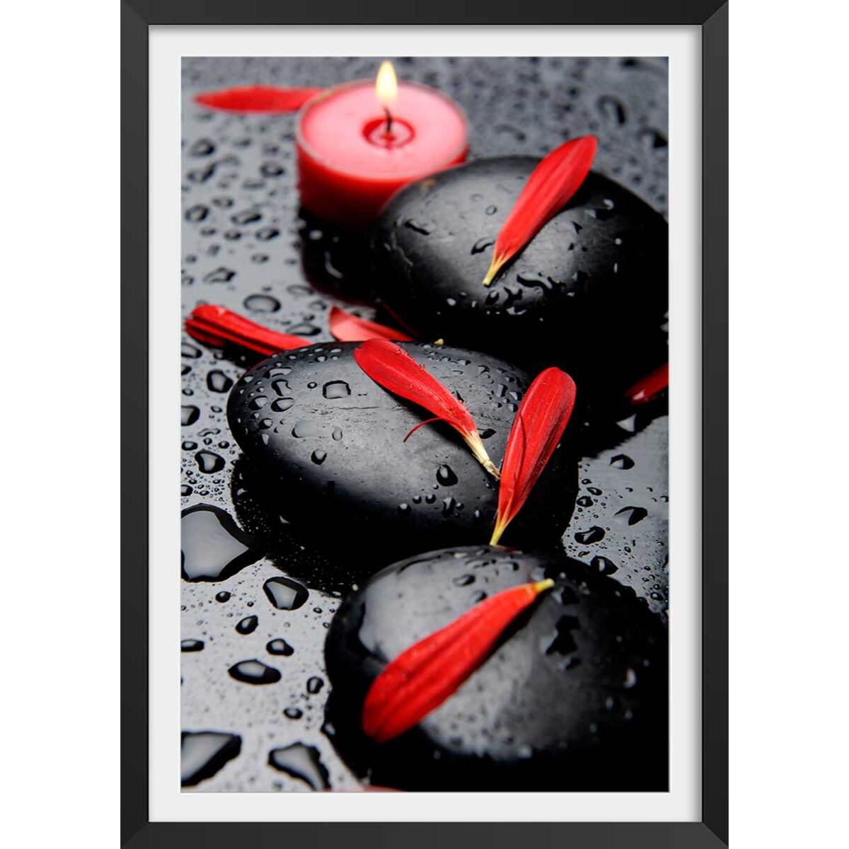 Poster zen petales rouges Affiche + cadre en bois - Noir