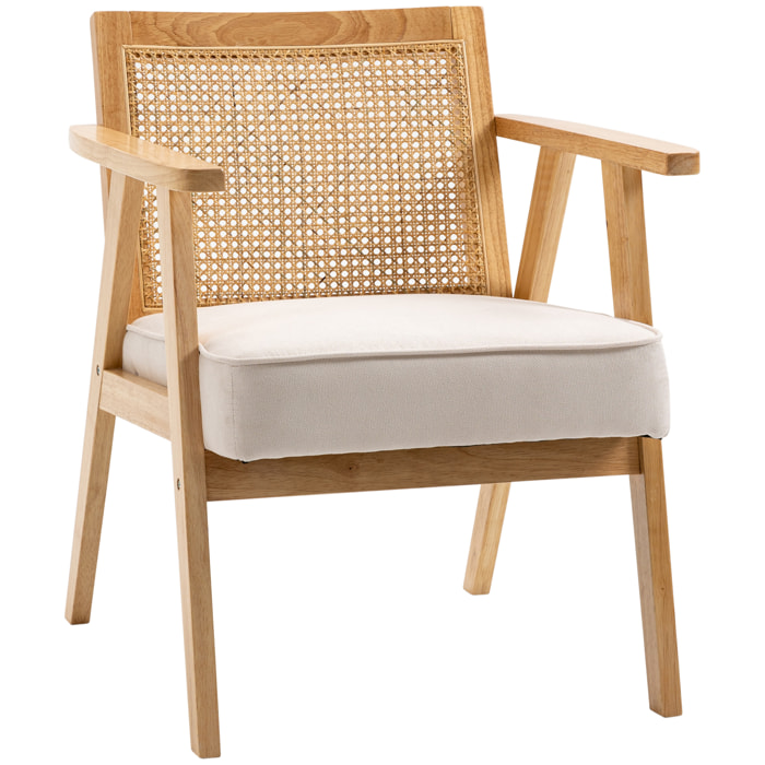 HOMCOM Butaca de Salón Sillón de Salón con Reposabrazos Respaldo de Ratán y Marco de Madera de Caucho Butaca para Dormitorio Sala de Estar Carga 120 kg Natural y Beige