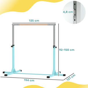 Barre fixe de gymnastique enfant - barre de gymnastique hauteur réglable 13 niveaux 92 à 150 cm - acier cyan bois massif hêtre