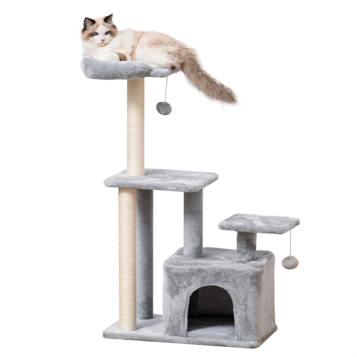 Árbol Rascador para Gatos Altura 114 cm Árbol para Gatos Torre para Gatos con Postes de Sisal 3 Plataformas Casita y 2 Bolas Colgantes Gris Claro
