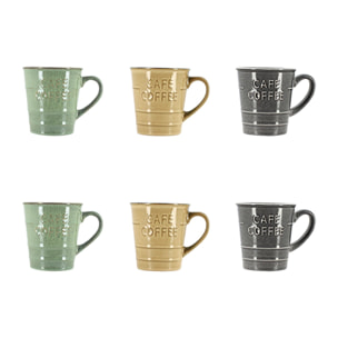 Lot 6 mugs coffee time 21cl en grès 3 couleurs assorties