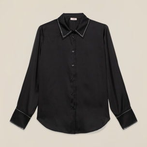 Oltre - Camisa de satén con detalle de cadenillas - Negro